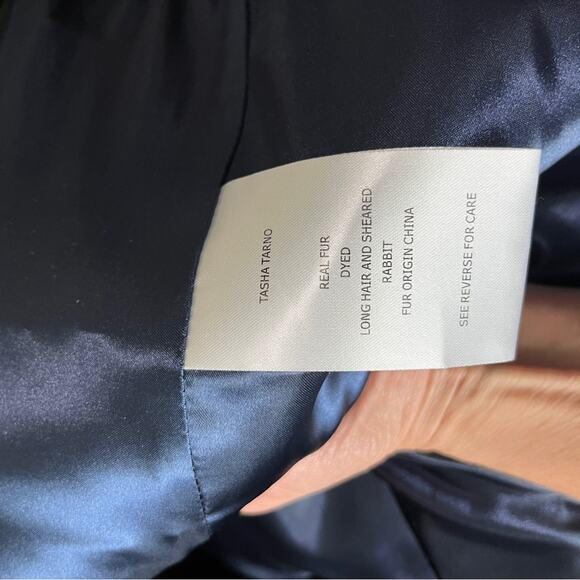 Tasha Tarno Blue Black Striped Real Rabbit Fur Full Zip Vest Ribbed Collar Large - Picture 6 of 8